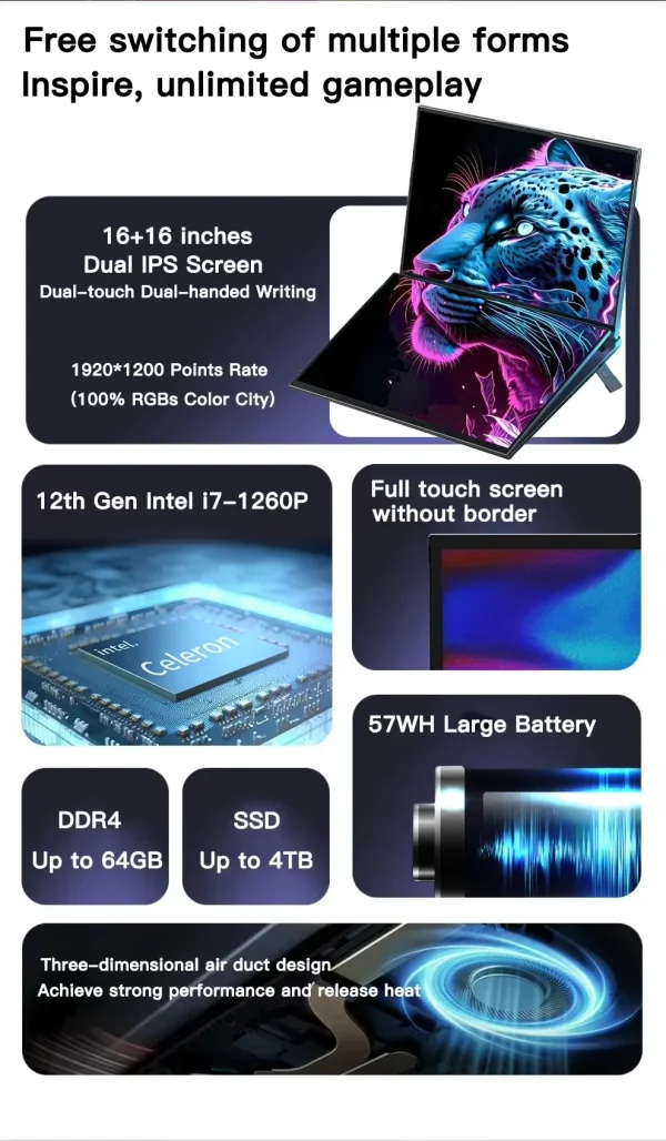 top 16+16 inch Dual Screen Laptop Intel i7-1360P Windows 11 64GB 2*DDR4 M.2 2280 2TB SSD WIFI BT Double Screen Laptop Computer - Image 4
