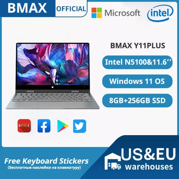BMAX Y11 Plus 360° Laptop 11.6Inch Intel N5100 1920*1080 IPS TouchScreen Windows 11 8GB RAM 256GB 512GB 1TB SSD Notebook - Image 2